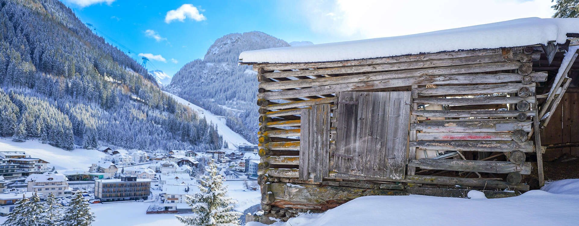 Winter landscape in Paznaun with a view of the valley